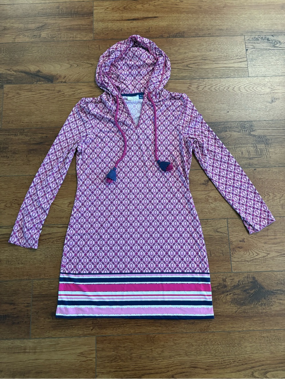 Cabana Life x Talbots Hooded UPF Swim Cover Up Tunic XS Pink Navy White